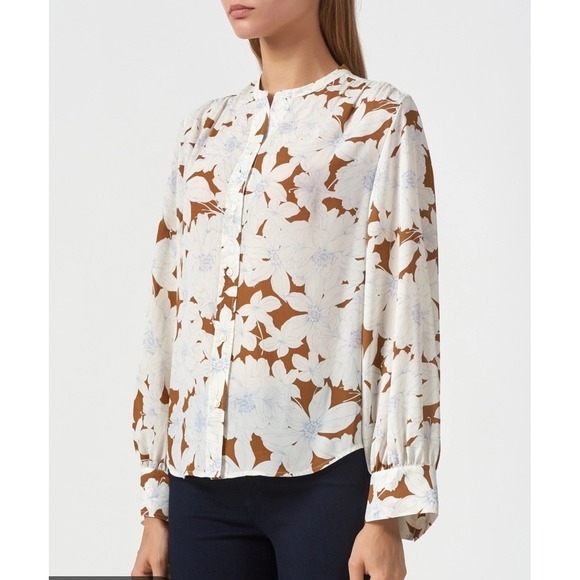 Vince Tops - Vince‎ Floral Band Collar Button Front Blouse Brown White Long Sleeve Medium M